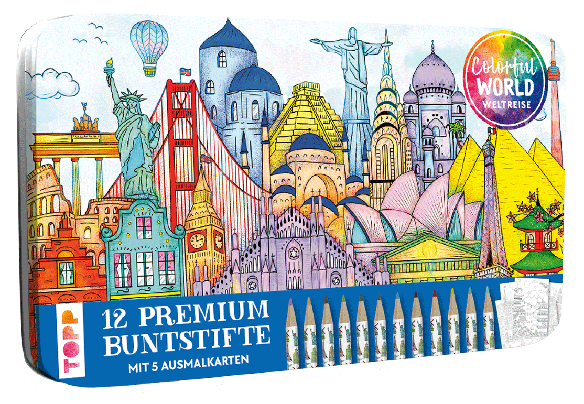 Colorful World Weltreise Designdose mit 12 Buntstiften 