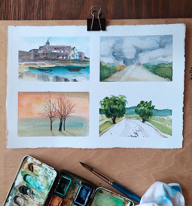 Vier kleine Aqaurellbilder mit Landschaften