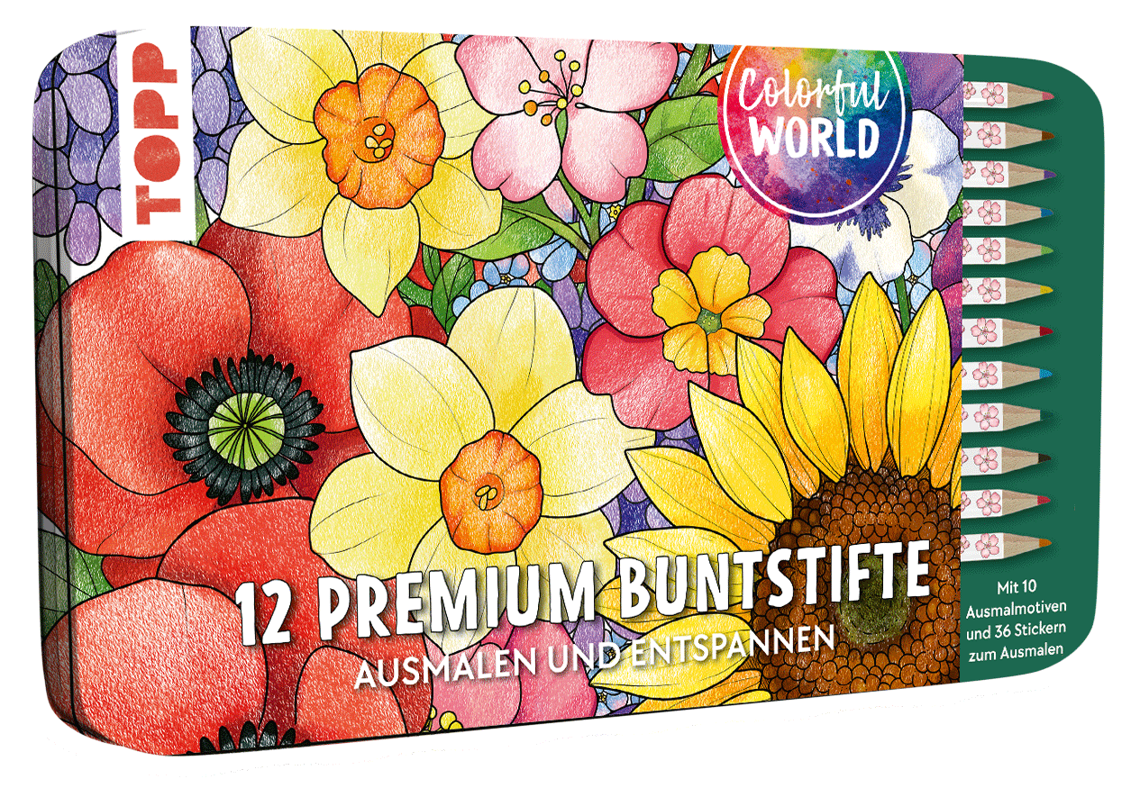 Colorful World Designdose mit 12 Buntstiften
