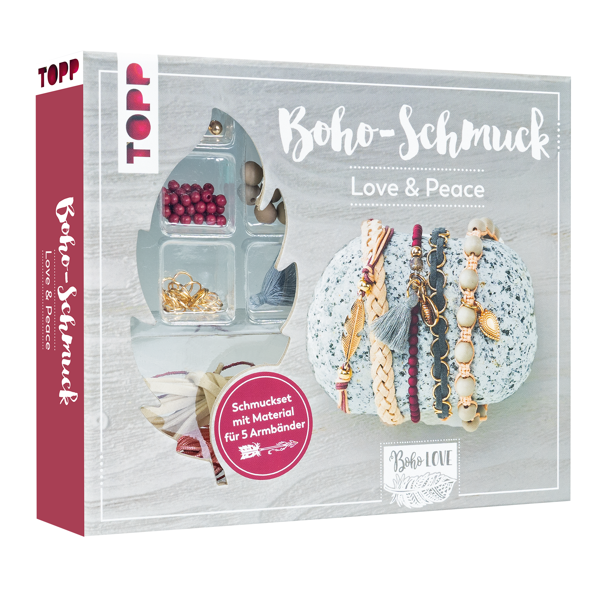 Boho-Schmuckset Love & Peace (Dunkelrot/ Grau)