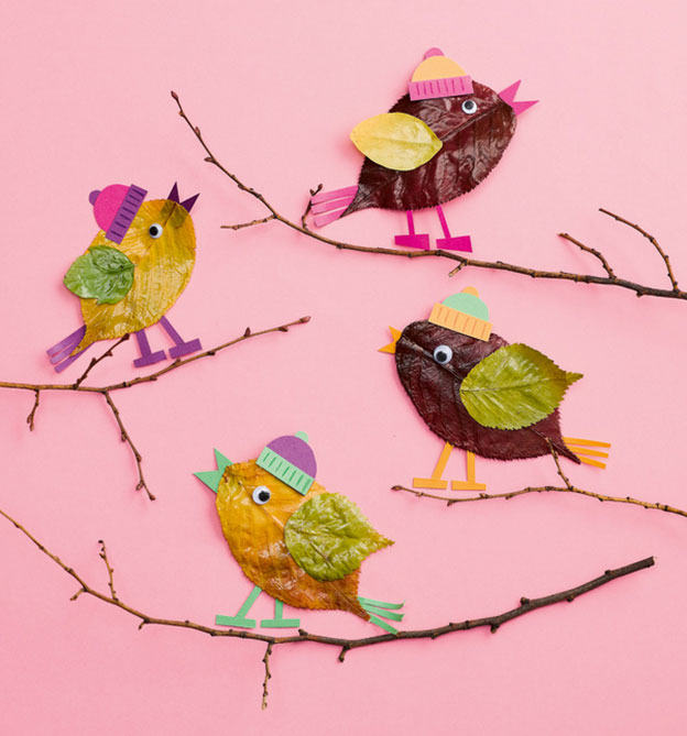 Vögel aus blättern basteln
