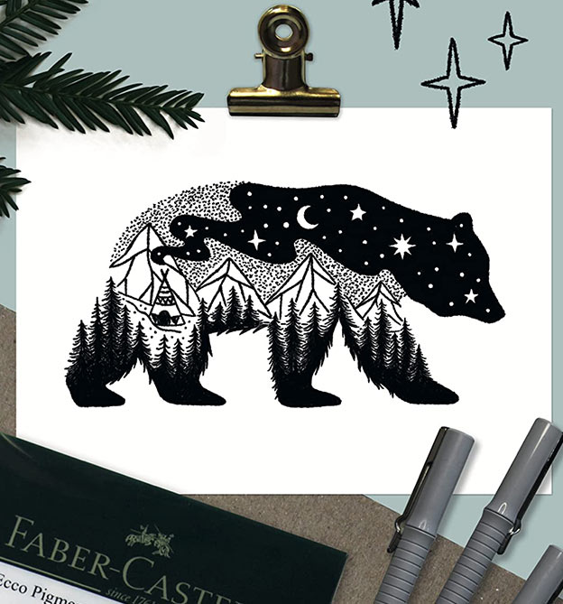 Fine Line Motiv Bär mit Sternen, Zelten und Bäumen