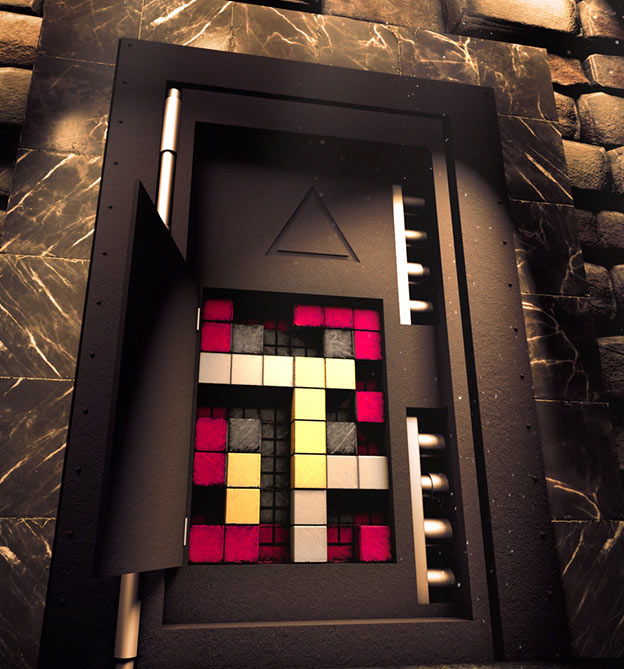 Rätsel mit bunten Steinen in einer Tür