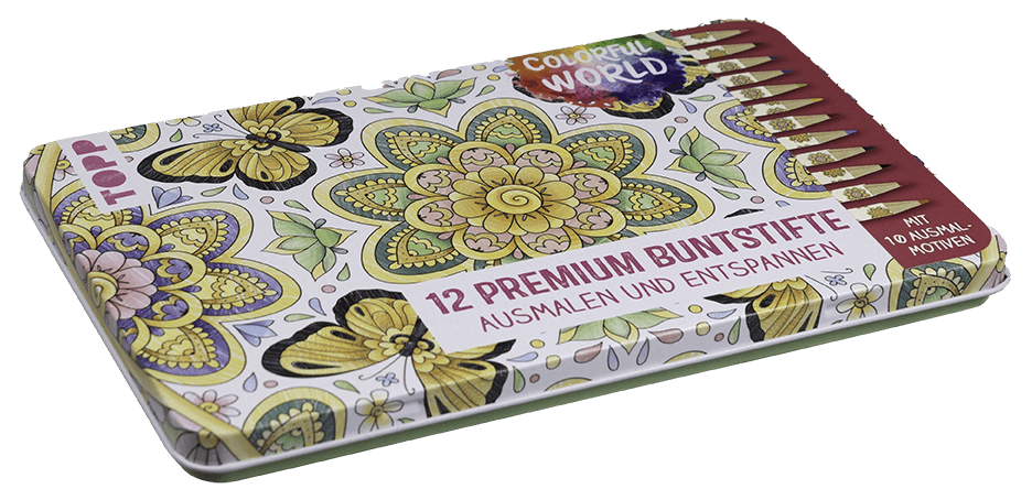 Colorful World Designdose mit 12 Buntstiften