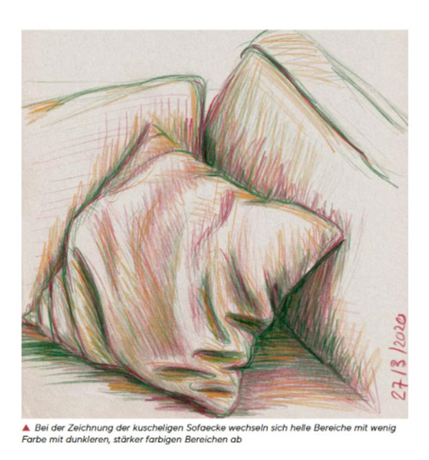 Zeichnung Sofa mit rot, grün und blau