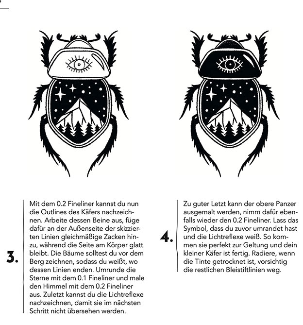Fine Line Motiv Käfer Mit Berg und Sternen zeichnen